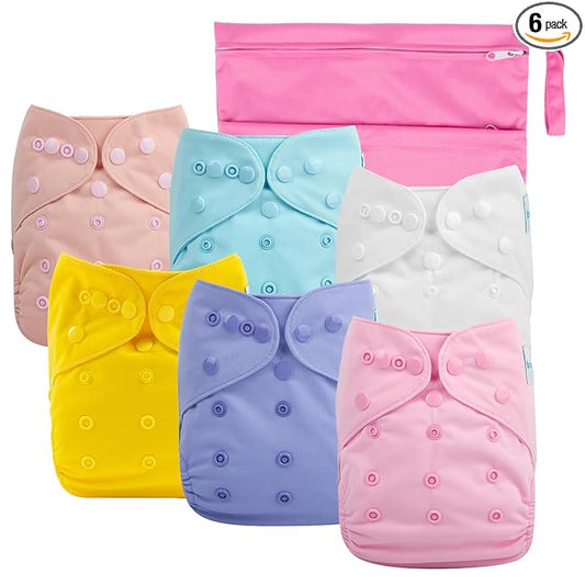 babygoal Cloth Diaper Covers 6 Pack with Wet Bag for Fitted Diapers and Prefolds with Double Gussets, Adjustable and Reusable for Baby Girls