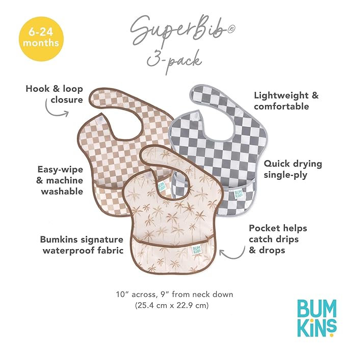 Bumkins Bibs for Girl or Boy, SuperBib Baby and Toddler for 6-24 Months, Essential Must Have for Eating, Feeding, Baby Led Weaning Supplies, Mess Saving Catch Food, 3-pk Palms and Checks