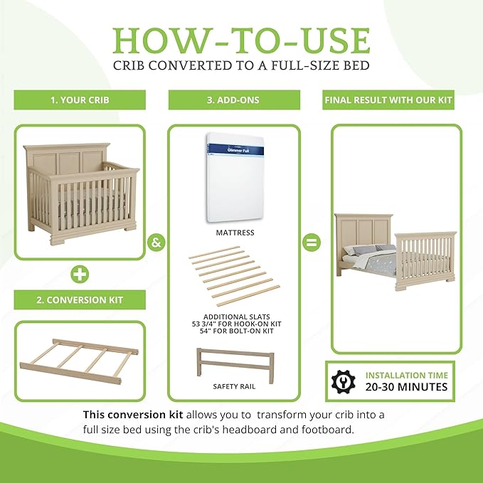 Full-Size Conversion Kit Bed Rails for Oxford, Soho, Ozlo & Avalon Baby Convertible Cribs - Solid Wood - Toddler and Adult Rail for Full-Size Bed - Nursery & Baby Furniture (Washed Sand, Hook-On Kit)