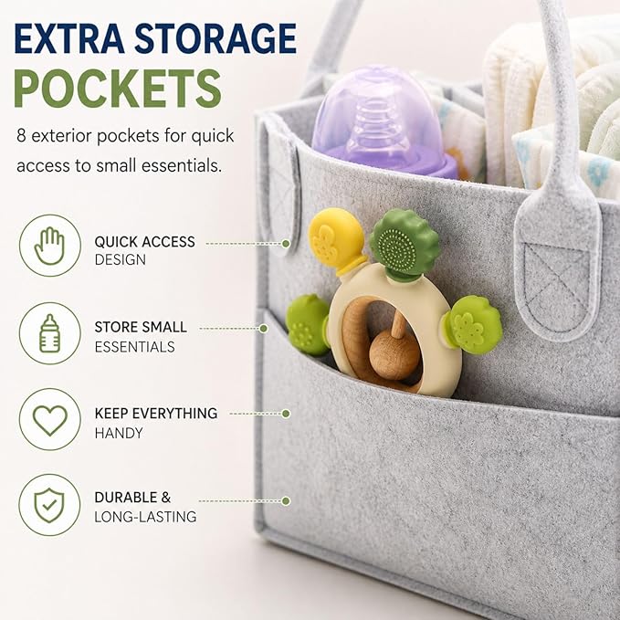Hamid Baby Diaper Caddy Organizer – Includes Infant Face Cleaning Towel – Grey Large Portable Nursery Storage Basket with 3 Compartments, 8 Pockets, Removable Dividers – Car, Travel Diaper Bag