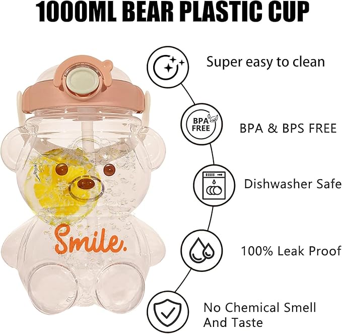 Kawaii Bear Straw Bottle,Leak-Proof Water Bottle with Adjustable & Removable Shoulder Strap for Boy and Girls (coffee)