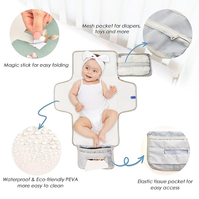 Deer Portable Diaper Changing Pad with Wipes Holder, Woodland Fawn Foldable Baby Diaper Changer Travel Bag Forest Animals Baby Changing Mat with Built-in Pillow for Newborn
