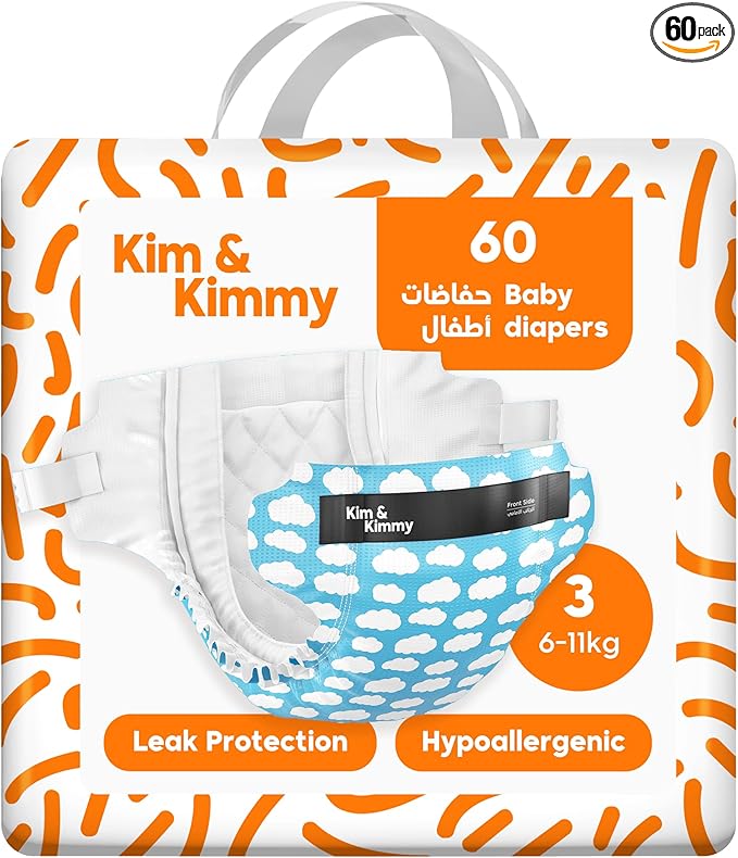 Kim & Kimmy Eco Diapers, Size 3, 13-24 lbs, 60 Diapers - 12 Hour Leak Protection, No Rashes, Hypoallergenic, Ultra-Soft & Highly Absorbent - Cruelty Free & Vegan - Little Clouds