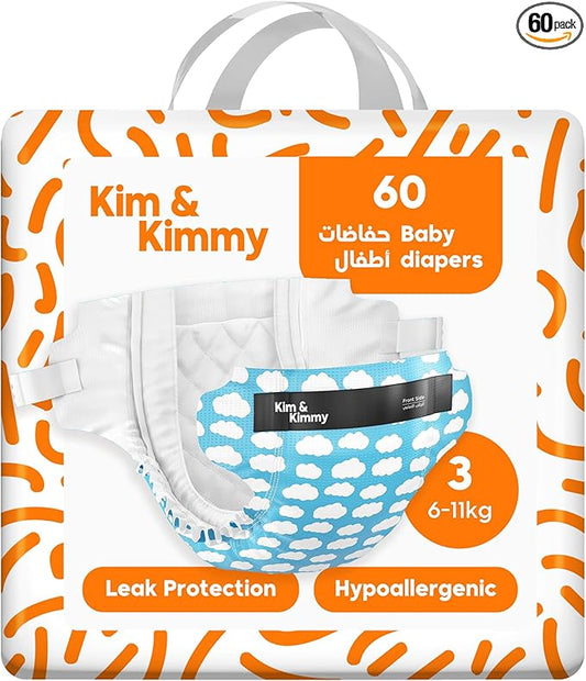 Kim & Kimmy Eco Diapers, Size 3, 13-24 lbs, 60 Diapers - 12 Hour Leak Protection, No Rashes, Hypoallergenic, Ultra-Soft & Highly Absorbent - Cruelty Free & Vegan - Little Clouds
