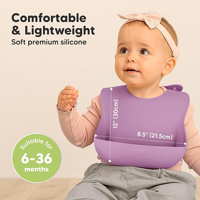 KeaBabies 2-Pack Silicone Bibs for Babies, Toddlers Girl, Boy – Sturdy Food-Grade Baby Bibs for Eating, Large Food Catcher, Clean & Put On Easily, Waterproof Toddler Feeding Essentials (Amethyst)