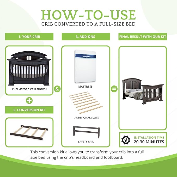 Full-Size Conversion Kit Bed Rails for Baby Appleseed and Eco-Chic Convertible Cribs - Solid Wood Rail - Toddler & Adult Bed Rail for Full-Size Beds - Nursery & Baby Furniture (Espresso, Hook-On Kit)