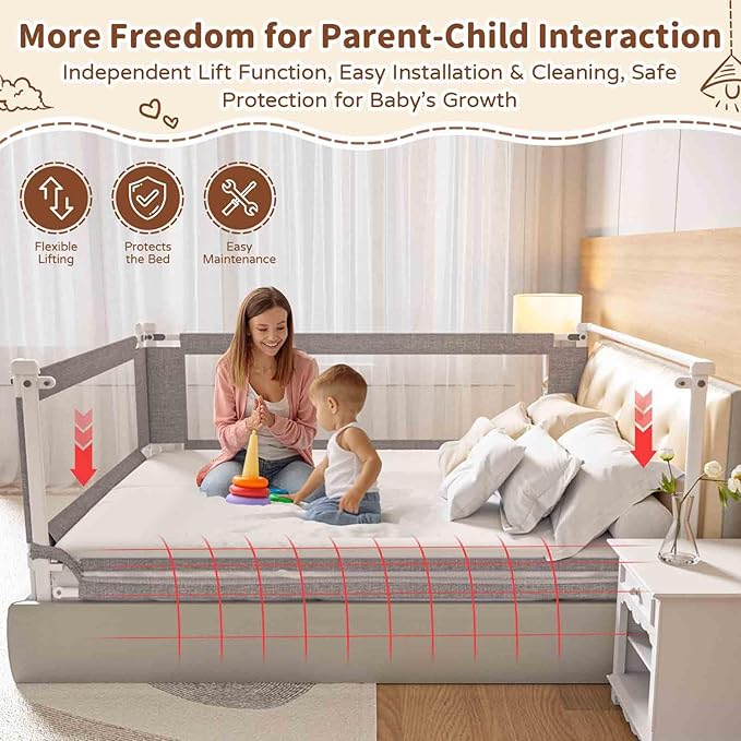 Bed Rail for Toddlers,1-Piece Height Adjustable Bed Guard Rail for Toddlers, Kids Safety Guard Rails for Twin Full Queen King Size (Gray, 1 Piece Side:74.8")