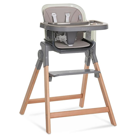 Evolur Tiny Throne 3-in-1 Convertible High Chair, Removable & Dishwasher Safe Tray, Converts to Booster Seat & Adult Stool, Easy-to-Clean Feeding Solution – Fossil Gray