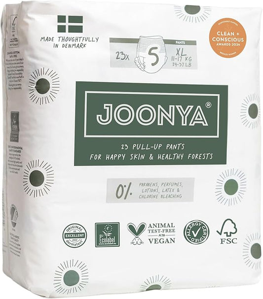 Joonya Pull-Up Pants Baby Diapers, Size 5 XL (24-37 lb) - 1 Bag of 23 - Non Toxic, Eco-Friendly, High Absorbency, Overnight Use, Ultra Slim & Soft - Made in Denmark
