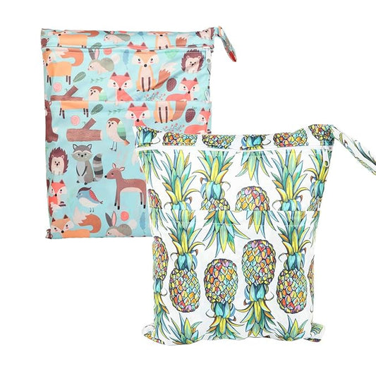 2 Wet Bags With Two Zippered Pockets Reusable Diaper Nappy (Mustache and Pineapple)