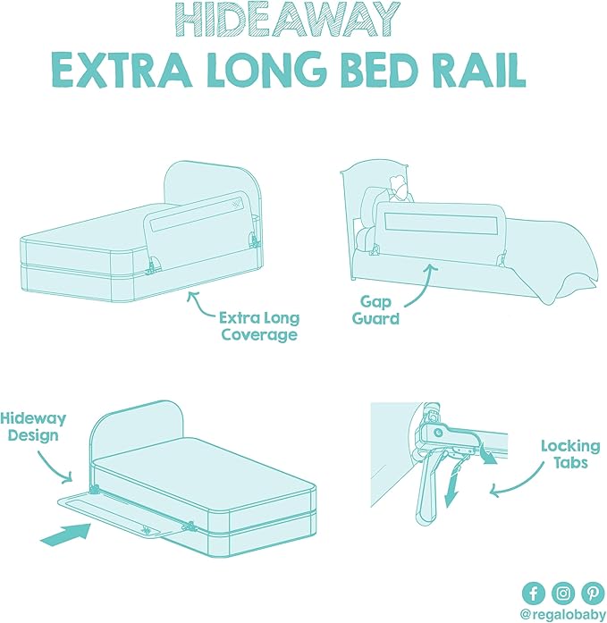 Regalo Safety 54” Extra Long Hideaway Bed Rail Guard for Toddlers, Toddler Bed Rail with Reinforced Anchor Safety System, 20” Tall Bed Safety Rail, Fits Twin, Full & Queen Beds