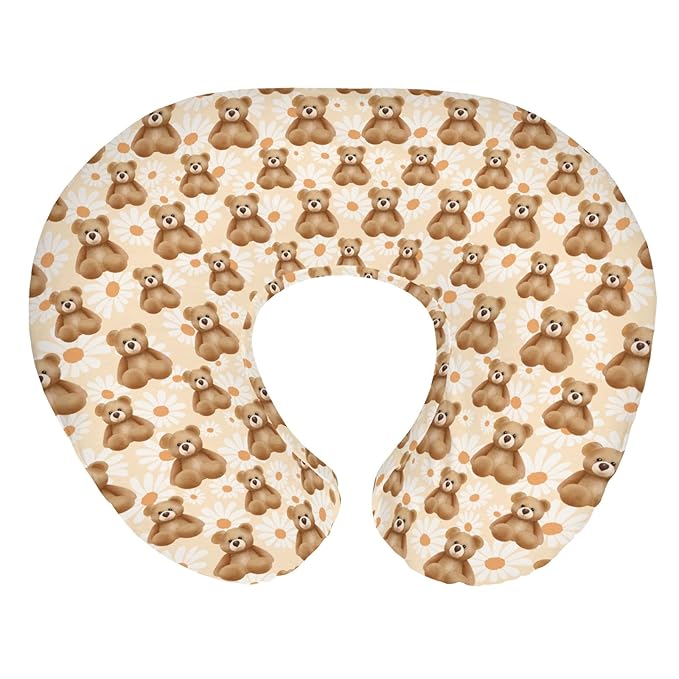 Vintage Bear Daisy Baby Nursing Pillow Covers for Boy Girl Retro Bears Boho Floral Nursing Slipcovers for Breastfeeding Pillows Boho Animals Soft Stretchy Removable Covers for Newborn Infant