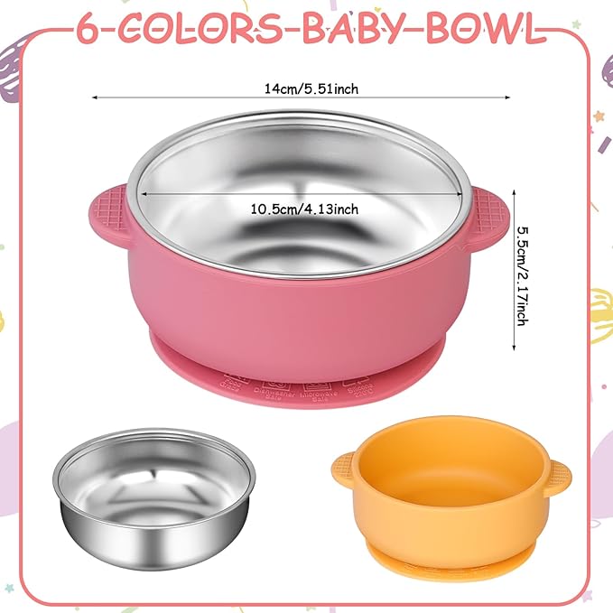 6 Pack 304 Stainless Steel Baby Bowls with Removable Non-Slip Silicone Shell, Suction Bowls for Baby, Scald-Resistant Food Containers, for Kids, Babies Food Feeding（6 Colors）