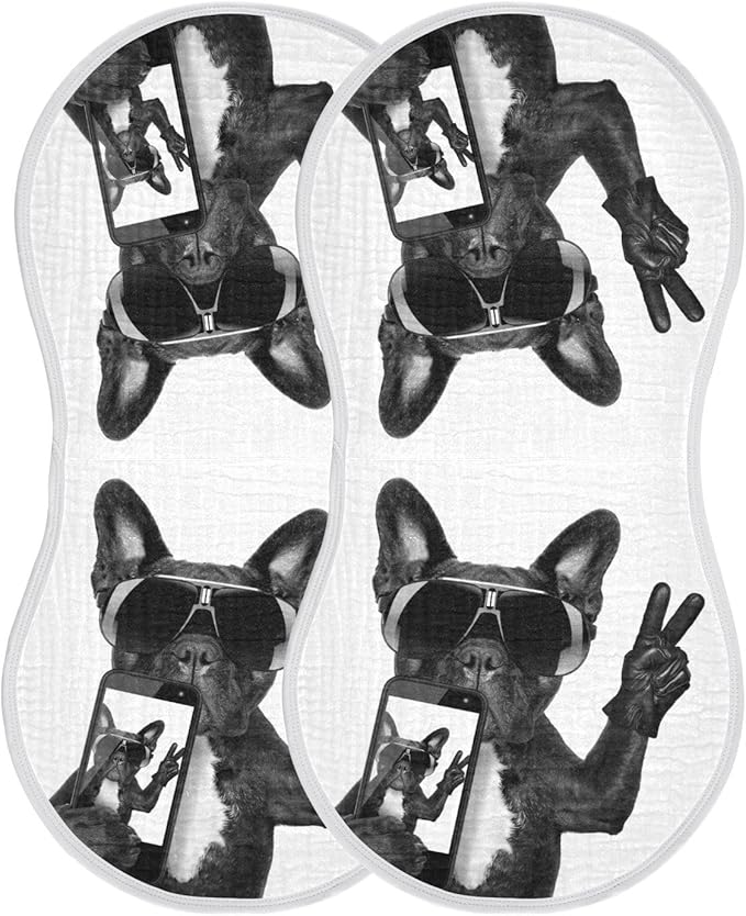 Cool French Bulldog Dog Take Selfie Muslin Burp Cloths for Baby 2 Pack Soft 100% Cotton Baby Washcloths Bibs for Boy Girl