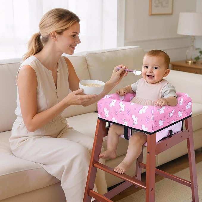 COOLBEBE Baby High Chair Cover with 3-Point Harness, Waterproof & Machine Washable Portable Seat Cover, Fits Wooden Chairs for Restaurant, Travel, Home & Dining Out, Pink Unicorn