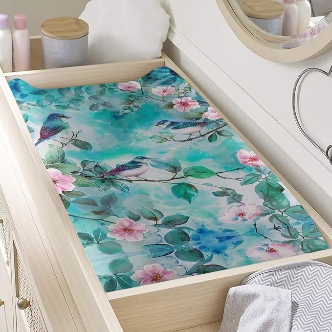 Green Bird Changing Pad Covers Safe Baby Diaper Change Table Covers, Reusable Change Pad Cover Fit for Most Change Pad Machine Washable