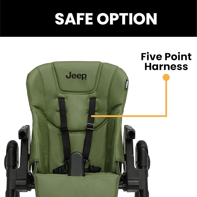 Jeep by Delta Children Classic Convertible 2-in-1 High Chair for Babies and Toddlers with Adjustable Height, Recline & Footrest - Dishwasher Safe Meal Tray, Olive Green