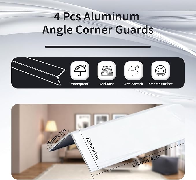 4 Pcs Metal Corner Protectors - 45" x 1" x 1" Aluminum Self Adhesive Wall Furniture Corner Guards Protection, Wall Edge Protector Strip Cabinet Baseboard Decoration - Silver