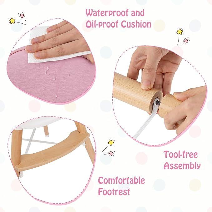 BABY JOY Baby High Chair, Wooden High Chair for Babies & Toddlers with Dishwasher Safe Double Removable Tray, Infant Feeding Chair with 5-Point Safety Harness & Detachable PU Seat Cushion (Pink)