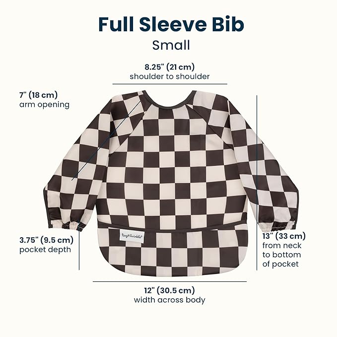 Tiny Twinkle Long Sleeve Bib for Babies & Toddlers | Waterproof Smock Bib for Eating | Machine Washable & Mess-Proof Feeding Essentials | Newborn Shower Gift (Checkers Black, 6–24M)