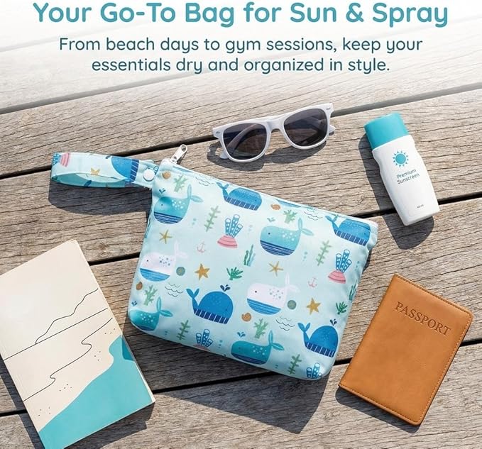 Waterproof Wet Bag with Wrist Strap, Reusable Zippered Pouch for Beach, Swim & Travel, Compact Cosmetic Toiletry Organizer Bag, 7.9 * 9.5 * 2 inches