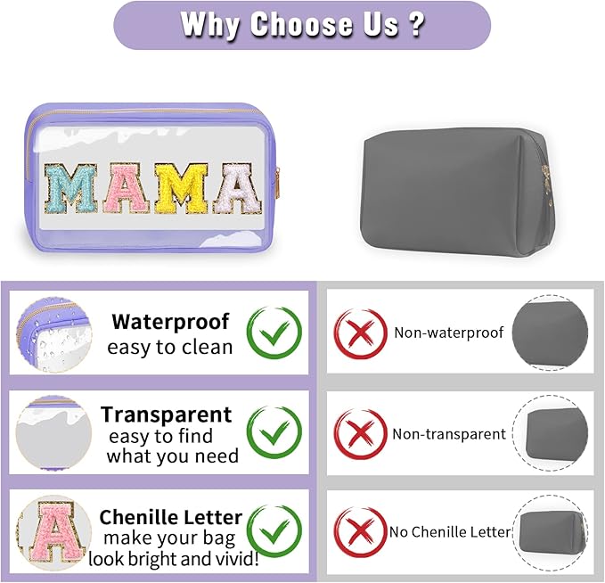 Chenille Letter Clear Makeup Bag with Zipper and Waterproof Nylon Material