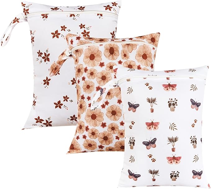 MOMIGO 3 pcs/set Wet Dry Bags for Baby Cloth Diapers - Reusable Washable for Stroller, Diapers, Travel Bags, Gym Bag 11 * 14 inch (Butterfly)