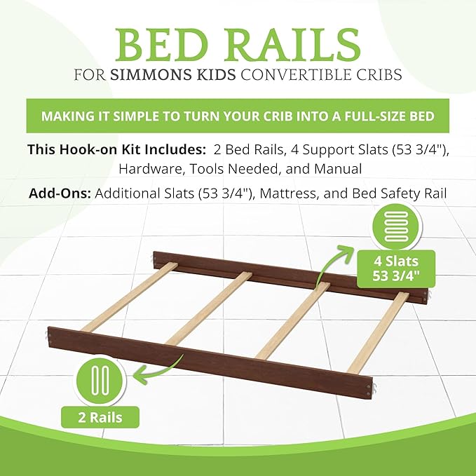 Full-Size Conversion Kit Bed Rails Compatible with Simmons Kids Convertible Cribs by Delta Children - Solid Wood - Toddler and Adult Bed Rail for Full-Size - Nursery Furniture (Walnut, HOOK-ON KIT)