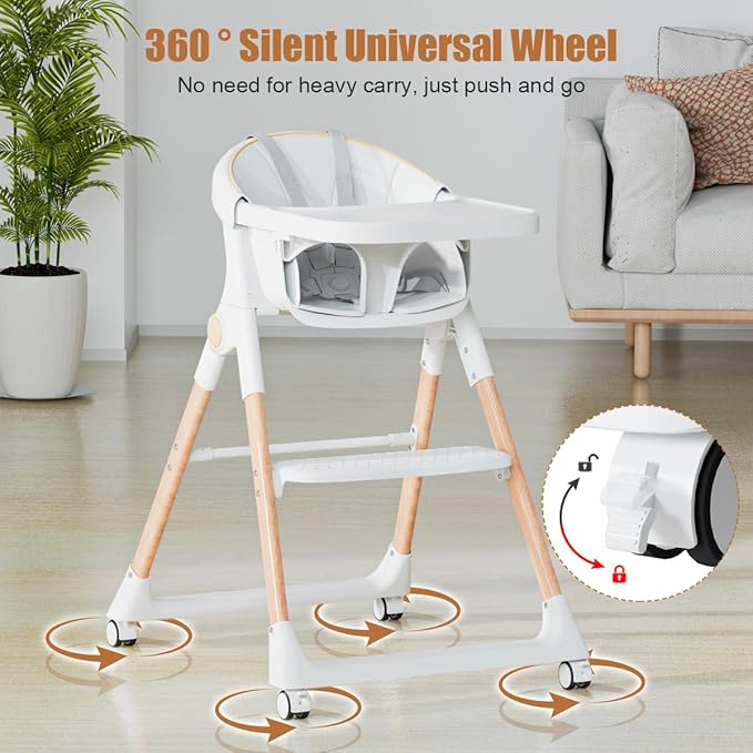 Baby High Chair, High Chairs for Babies and Toddlers, Convertible Folding High Chair with Removable Tray 5 Point Harness Footrest Detachable PU Cushion, Portable Highchair for Baby Toddlers
