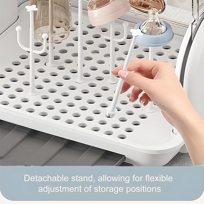 Baby Bottle Drying Rack Storage with 3 Brush, Nursing Bottle Storage Box Organizer with Cover, Portable Kitchen Cabinet Organizer, Durable countertop Dryer (Blue)