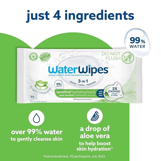 WaterWipes Hydrating Clean Baby Wipes, 99% Water-Based Formula with Aloe Vera to Hydrate & Clean Skin, Unscented & Hypoallergenic, 12 Resealable Packs (720 Wipes)