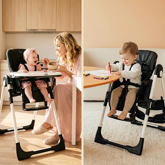 INFANS High Chair for Babies & Toddlers, Foldable Highchair with Multiple Adjustable Backrest, Footrest and Seat Height, Removable Tray, Detachable PU Leather Cushion, Built-in Rear Wheels (Black)