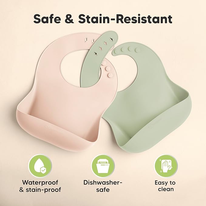 KeaBabies 2-Pack Silicone Bibs for Babies, Toddlers Girl, Boy – Sturdy Food-Grade Baby Bibs for Eating, Large Food Catcher, Clean & Put On Easily, Waterproof Toddler Feeding Essentials (Macaron)