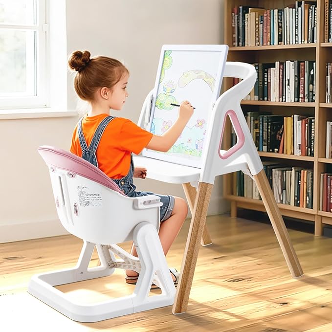 Baby High Chair, Babies and Toddlers Convertible Slim High Chair with 6 Growing Stages from Infant to Toddler Seating with Removable Tray, Easy to Clean,Pink Cushion