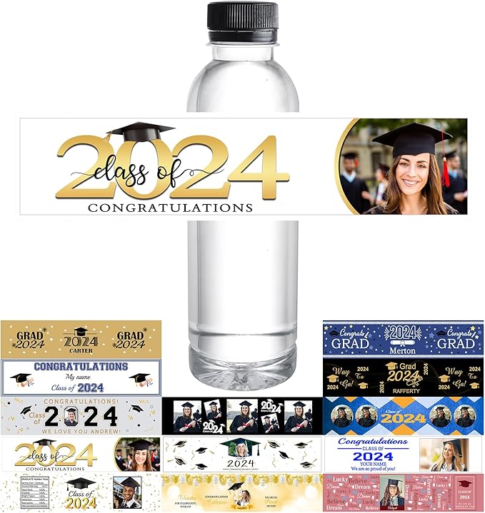 Personalized Water Bottle Labels Graduation Custom Graduation Labels with Name for Water Bottle Stickers Waterproof Printable Photo Bottle Labels Graduation Gifts 50 Pcs