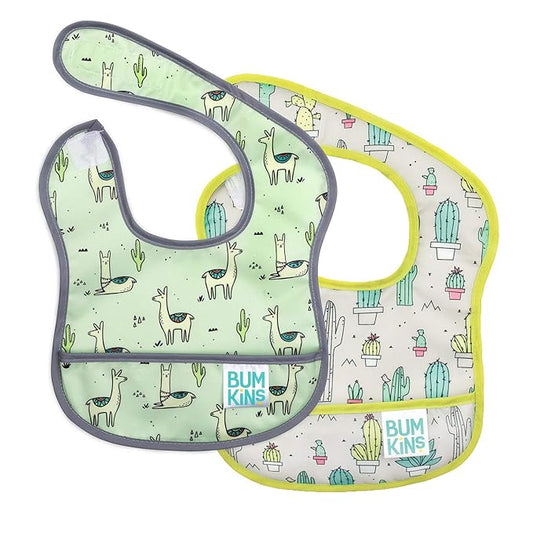 Bumkins Bibs, for Baby Girl or Boy, Infant 3-9 Months, Essential Must Have for Eating, Feeding, Baby Led Weaning, Mess Saving Waterproof Soft Fabric, Starter Bib 2-pk Cactus and Llama Green