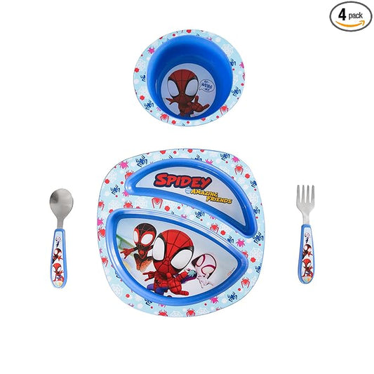 The First Years Spidey and His Amazing Friends Toddler Dinnerware Set - Toddler Plates and Toddler Utensils - Dishwasher Safe Toddler Feeding Supplies and Kids Utensils - 4 Count