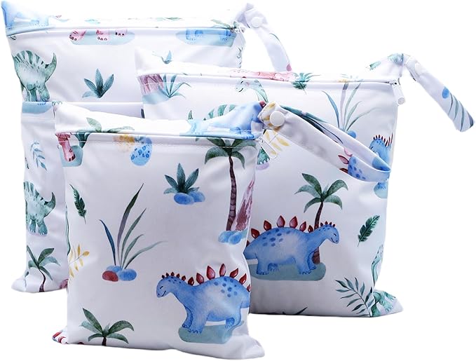 3pcs Cloth Diaper Wet Dry Bags Waterproof Reusable with Two Zippered Pockets Travel Beach Pool Daycare Soiled Baby Items Yoga Gym Bag for Swimsuits or Wet Clothes (3036-3-whitedinosaur)