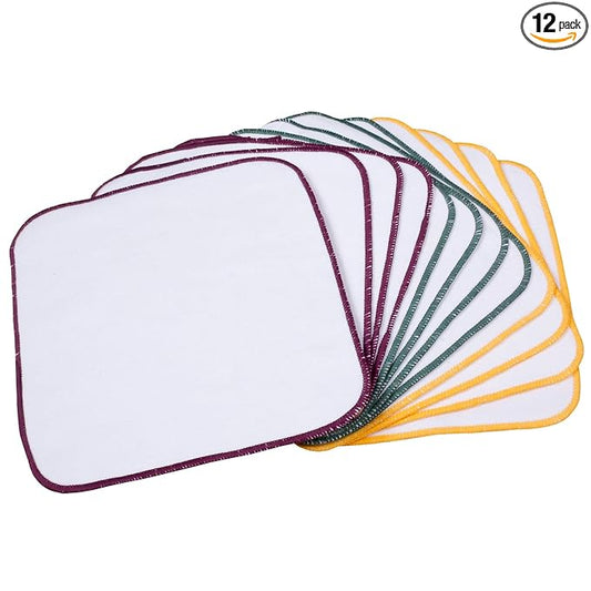 OsoCozy Terry Flannel Baby Wipes. Two Layered. Terry Velour on a Flannel Backing. Bleached White Color, 100% Cotton. 3 Attractive Stitching Colors Per Pack - 12 per Pack.