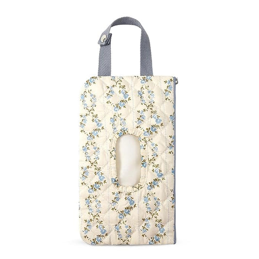 Quilted Baby Diaper and Wipes Pouch Portable Mommy Bag for Stroller Reusable Wipes Pouch with Lanyard for Casual Travel (Blue Flower)