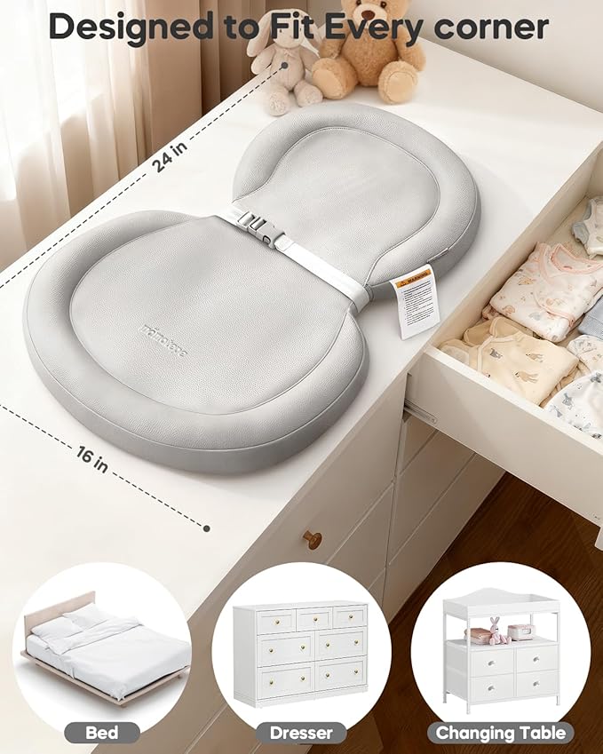 Waterproof Peanut Baby Changing Pad, Foldable Travel On-the-Go for Dresser & Changing Table, Wipe-Clean PU Diaper Pad with Non-Slip & Adjustable Safety Belt, 24"x16", Gray