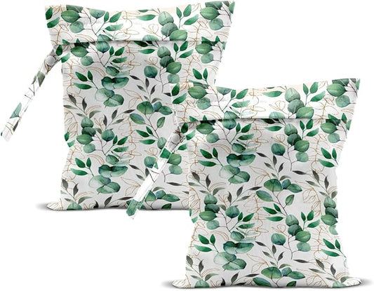ZHAMEN 2Pcs Wet Bag, Wet Dry Bag Reusable with Zipper, Travel, Beach, Pool, Diapers, Dirty Yoga Gym Clothes, Makeup Bag, Waterproof Wetdry Packing, Green Eucalyptus Leaf Decore (12x10 Inch)