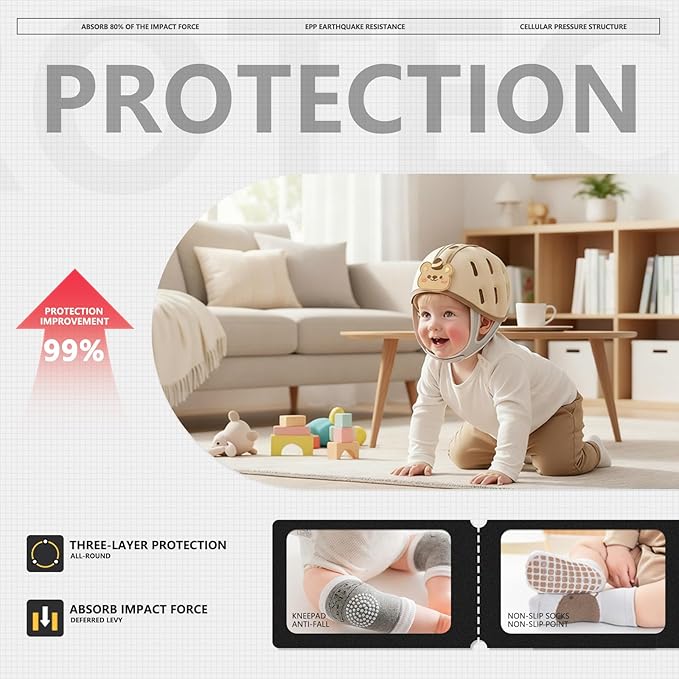 Baby Head Protection Helmet - Ultra-Light, Soft, Adjustable, Suitable for Babies 6-24 Months with Knee Pads & Non-Slip Socks Set