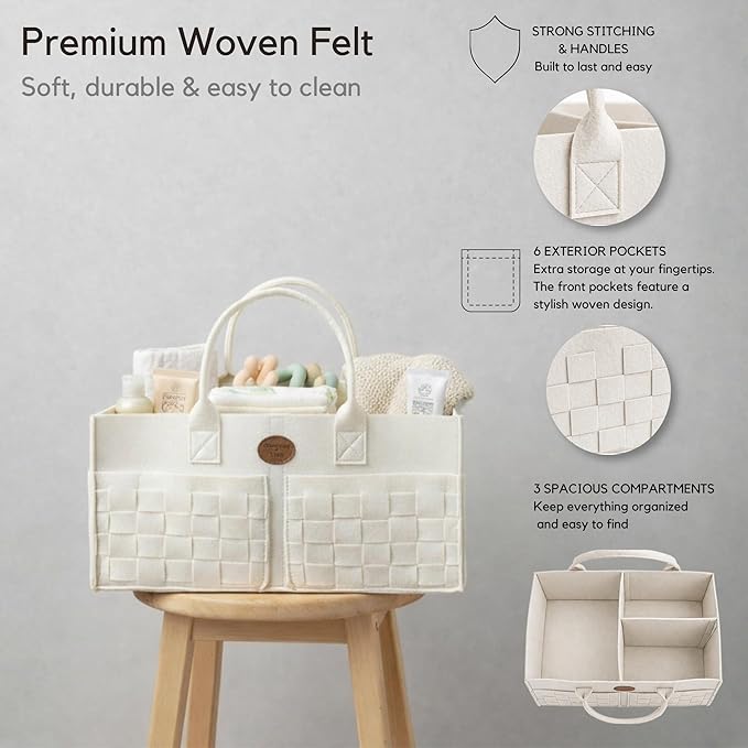 Baby Diaper Caddy Organizer for Nursery – Large Felt Storage Basket for Baby Essentials, Wipes & Diapers – Portable Nursery Organizer Bin for Changing Table or Living Room Winter White