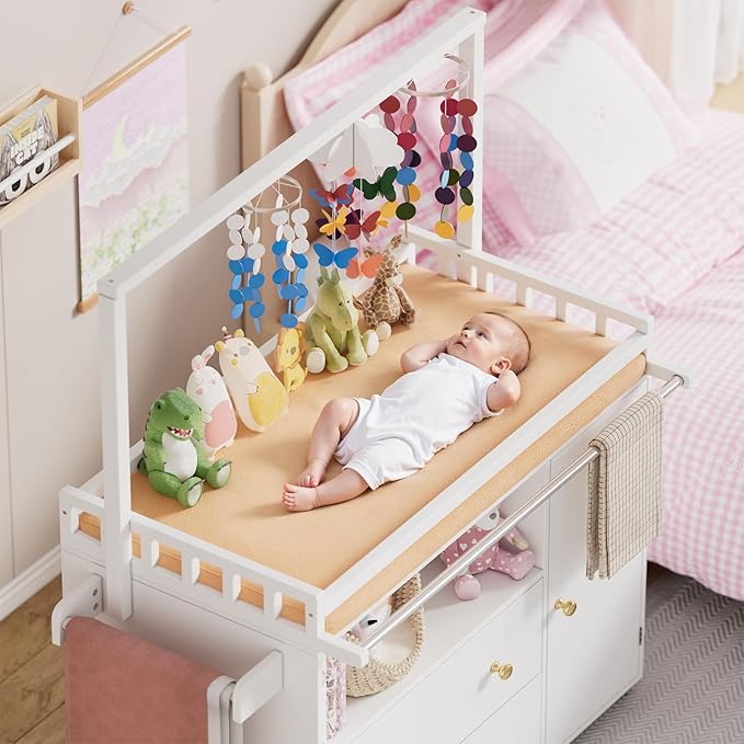 PAKASEPT Baby Changing Table, Infant Diaper Changing Station with Wheels & Wide Table Top & Clothes Rail, Baby Changing Table with Two Drawers and Cabinet for Nursery and Kids