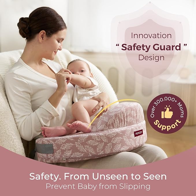 Momcozy Innovative Safety Guard Nursing Pillow - Firm & Springy Memory Foam - Stable, Ergonomic Support & Comfort - Wider Breastfeeding Cushion, Adjustable, Removable Cover, Baby Safety Certified