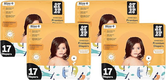 Hello Bello Premium Baby Diapers Size 6 I 17 Count of Disposable, Extra-Absorbent, Hypoallergenic Baby Diapers with Snug and Comfort Fit I Sleepy Sloth (Pack of 4)