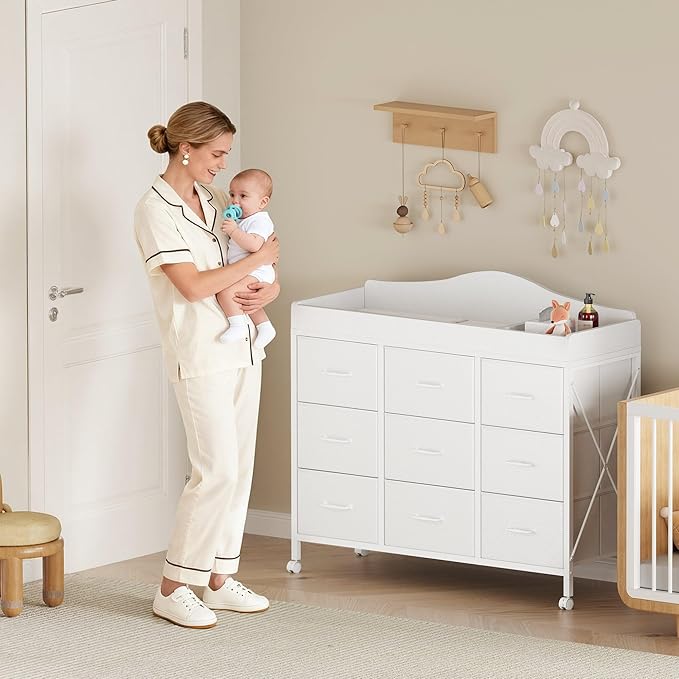 YeTom Baby Changing Table with 9 Fabric Boxes, Waterproof Diaper Changing Station & Pad, Mobile Nursery Diaper Changing Table, Baby Furniture, White