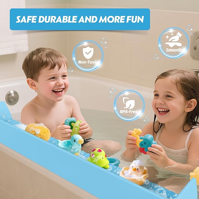 Ganaj Silicone Bathtub Splash Guard for Kids, Splash Guard for Bathtub with 11 Suction Cups,Toy Tray Caddy Holder for Tub,Prevents Water Spills in Bathroom, Bathtub Shelf for Kids (Baby Blue)