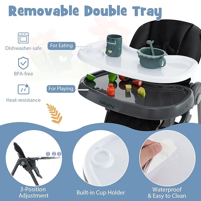 BABY JOY Convertible High Chair for Babies & Toddlers, Height Adjustable, Grow & Go High Chair w/Recline & Footrest, Removable Double Tray, Portable Baby Dinning Chair with Wheels (Black)